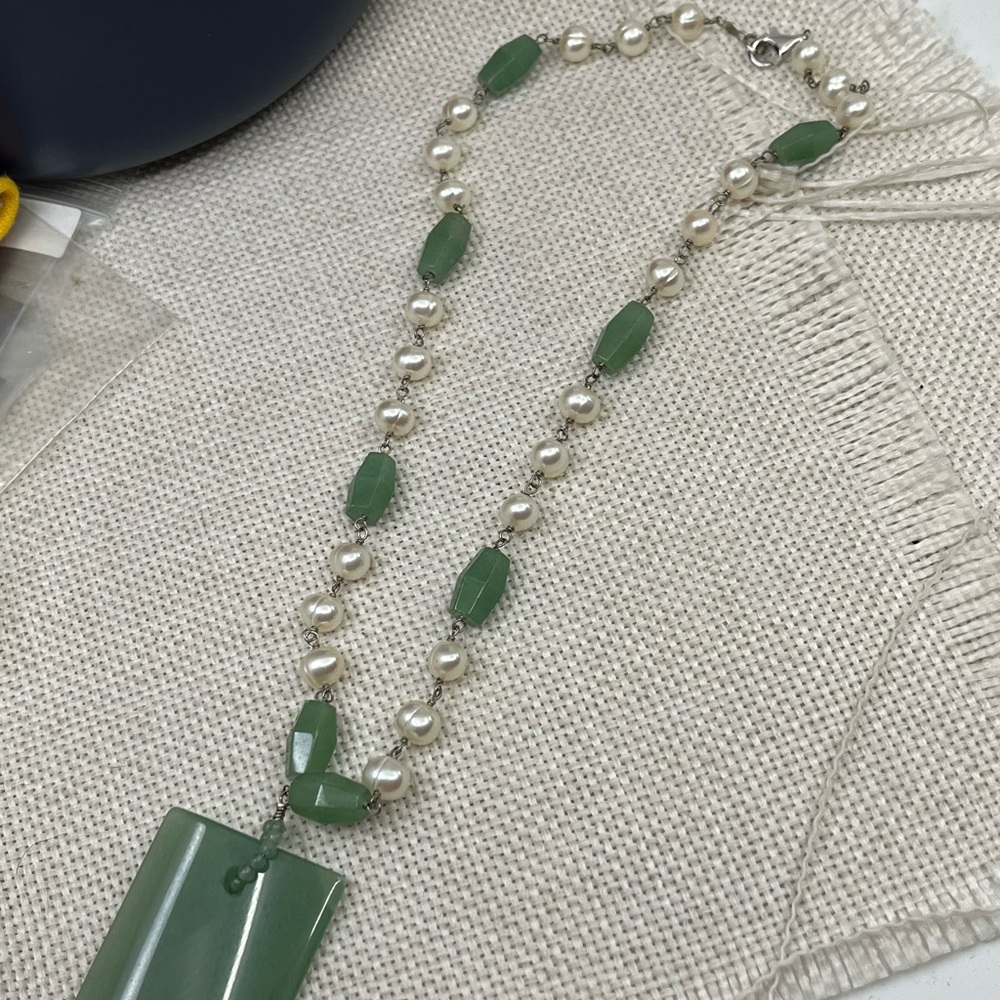 Vintage Green Jade Nephrite & Pearl Sterling Silver Necklace 925 Estate 16" - Picture 16 of 17
